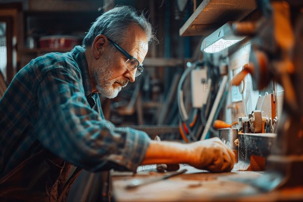 An experienced craftsman working attentively in his woodworking workshop, AI generated