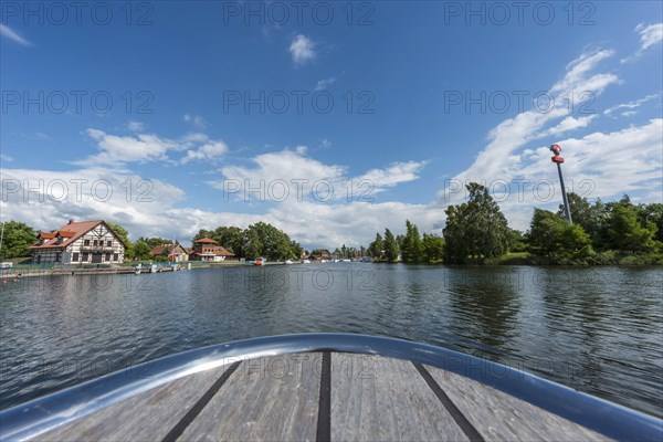 Bow of a houseboat, holiday form, boat, contemplative, tranquility, idyllic, traffic, village, canal, leisure, travel, holiday, boat, sky, recreation, nature, nautical, seafaring, horizon, water, freshwater, Masuria, Poland, Europe