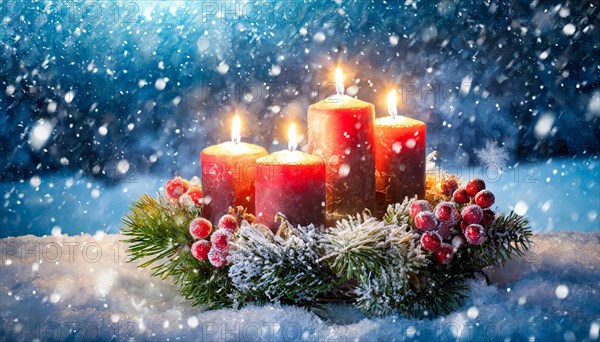 Ai generated, Advent wreath with burning candles, Christmas season, Christmas decoration, 4th Advent, Fourth Advent