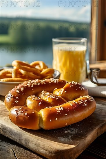 Golden brown fresh pretzels, AI generated