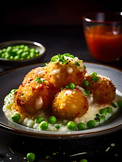 Crispy arancini risotto balls encasing molten mozzarella and green peas, AI generated