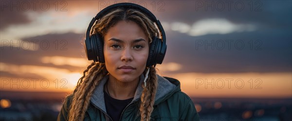 Relaxed Mixed-race blonde woman with braided hair and headphones enjoys the city view at evening, bokeh blurred background, horizontal aspect ratio, AI generated