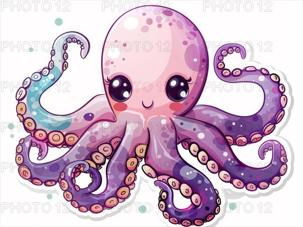 A cute pink cartoon octopus with sparkling eyes and tentacles, ai generated, AI generated