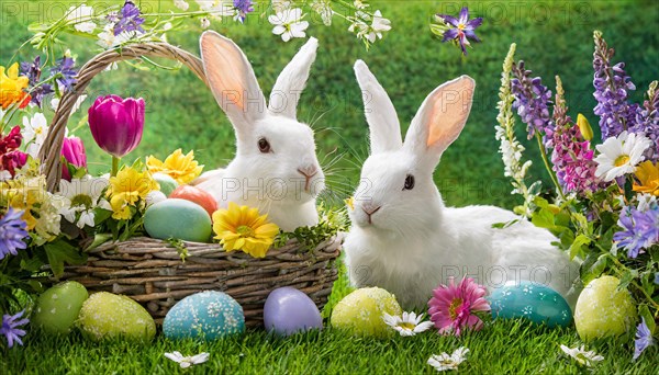 Ai generated, An Easter basket with coloured eggs in a meadow with colourful flowers, in the basket two white rabbits, symbolic picture Easter, animal children