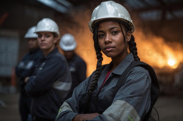Confident Female black worker looking to camera, in the foreground with others behind her and a fire in an industrial setting, women at heavy industrial jobs concept, blurry selective focus background, bokeh, AI generated