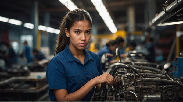 Concentrated woman mechanic working on a vehicle's engine indoors, women at heavy industrial contruction jobs, feminine power and rights concept, blurry selective focus background, bokeh, AI generated