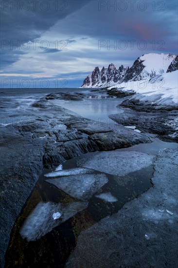 Rocky coast of Tungeneset, Devil's Teeth, Devil's Teeth, Okshornan, Steinfjorden, Senja Island, Norway, Europe