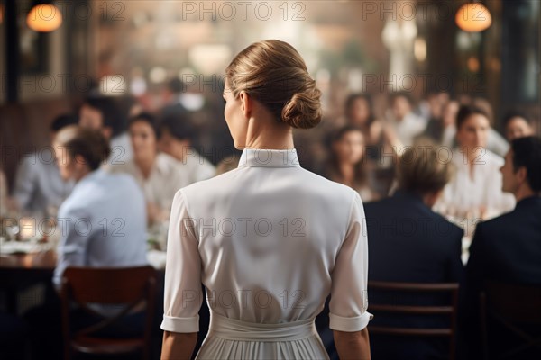 Back view of yong blond female waitress in luxurious restaurant with many guests. KI generiert, generiert AI generated