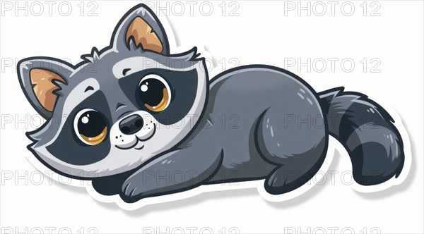 A playful grey raccoon cartoon sticker with big, endearing eyes, ai generated, AI generated
