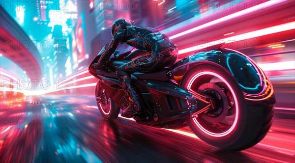 Motorbike rider in black with reflective helmet zooms through a cyberpunk city at night, ai generated, AI generated