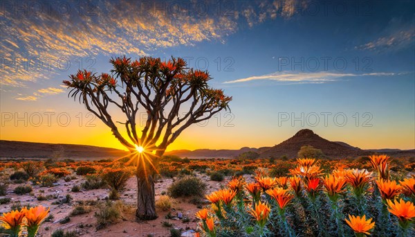 KI generated, Namibia, Namaqualand, blooming desert with camel thorn tree, Africa