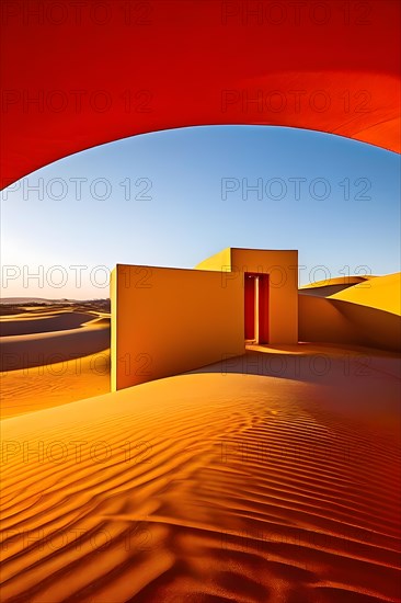 Architectural minimalism capturing intersecting yellow and red walls between sand dunes, AI generated