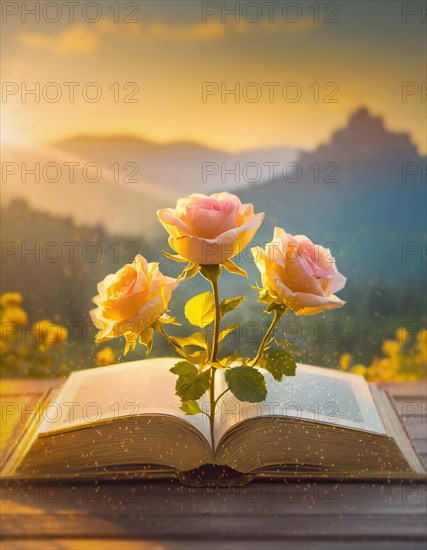 Rose flowers growing out of an open book. Inspirational storybook with a scenic view. Reading and lecture concept. AI generated art
