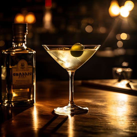 Gin martini cradling a single olive perched on an elegant bar, AI generated