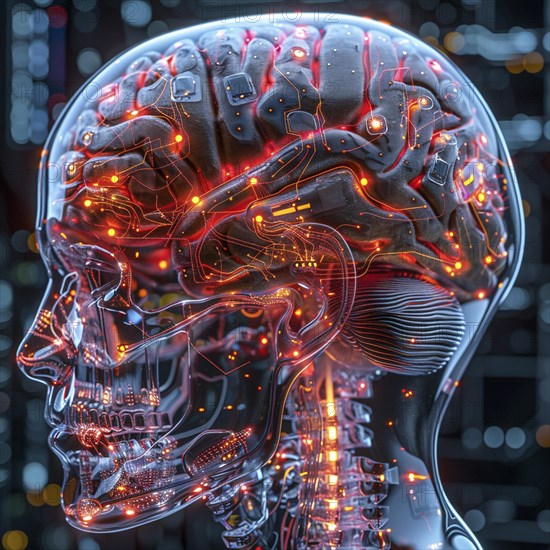 Medical a human head with brain and computer chip, symbol image KI in the human brain, ai generated, AI generated