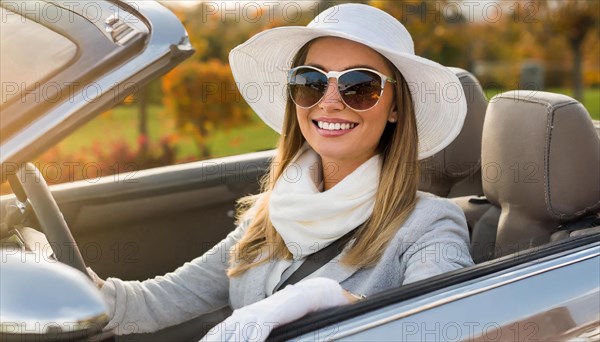 AI generated, A blonde woman enjoys her open-top convertible on a drive