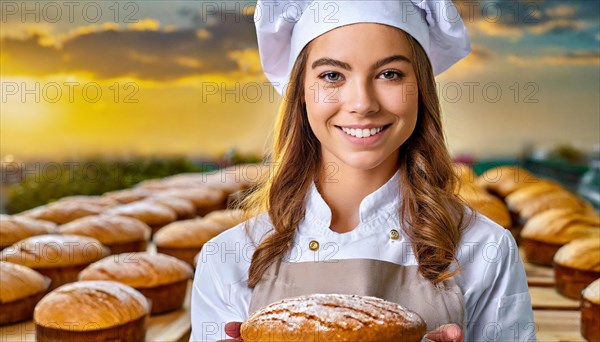 Ai generated, woman, 20, 25, years, shows, bakery, bakery shop, cake, female baker