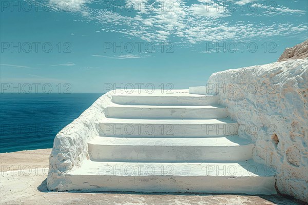 Bright white stairs ascending towards a serene blue sky with fluffy clouds over the sea, AI generated