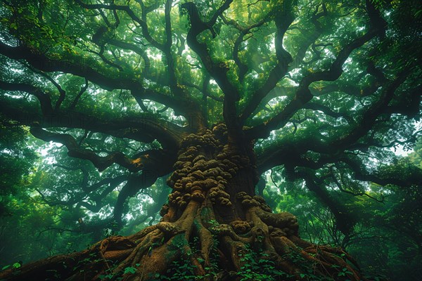 Mystical view of an ancient moss-covered tree with entwined branches, AI generated