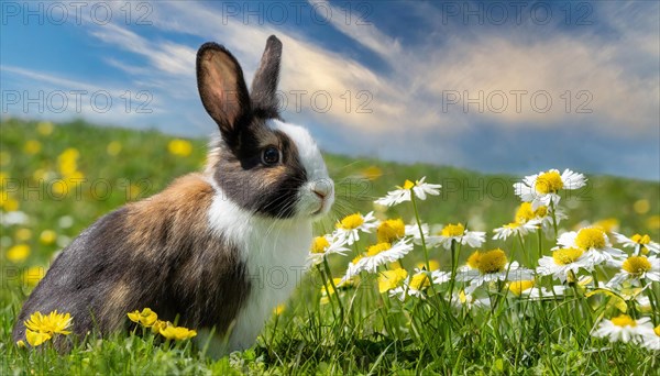 KI generated, A colourful dwarf rabbit in a meadow with white and yellow flowers, spring, side view, (Brachylagus idahoensis)