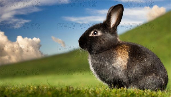 KI generated, A colourful dwarf rabbit in a meadow in summer, side view, (Brachylagus idahoensis)