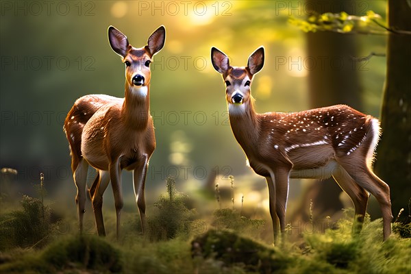 Red deer hind nose to nose with her calf, AI generated