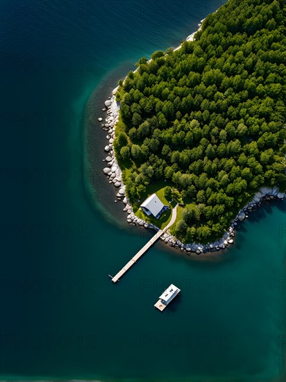 Drone view top down perspective of a minimalist cabin solitary on a secluded island, AI generated, building, architecture, modern