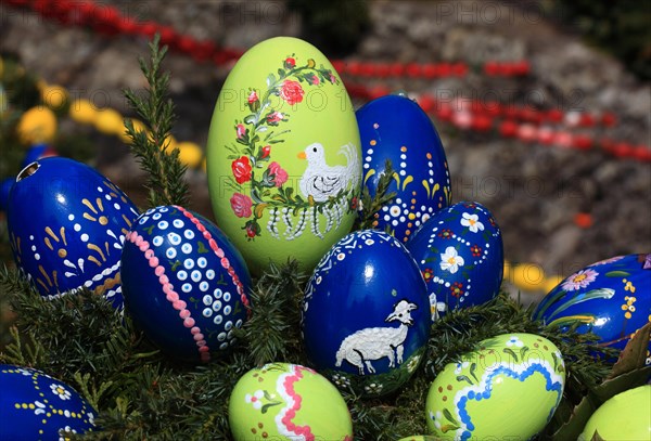 Detail of an Easter fountain in Franconian Switzerland, Bamberg district, Upper Franconia, Germany, many colourful blown-out and dyed eggs as decoration, Easter custom, Europe