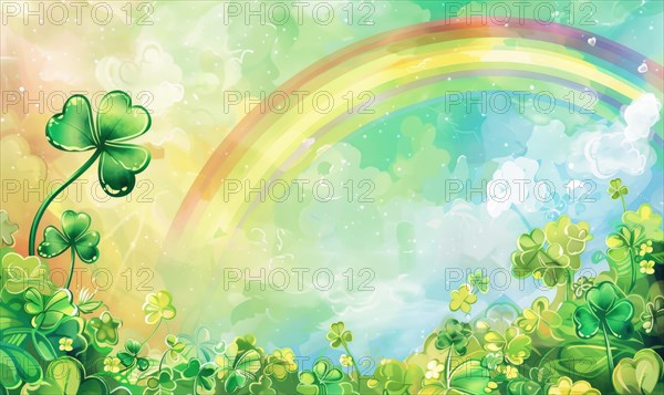 A cheerful scene with a rainbow, clouds, and clovers on a gradient background AI generated