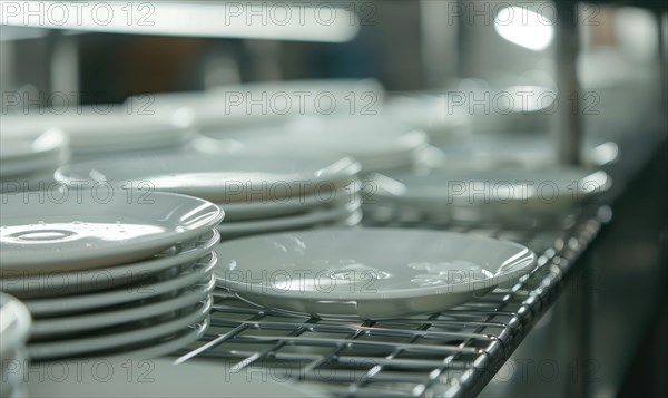 An array of glossy white dishes on metal shelves reflecting light in a kitchen AI generated