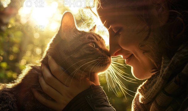 Close-up of a woman and cat gazing at each other lovingly with warm ambient light AI generated