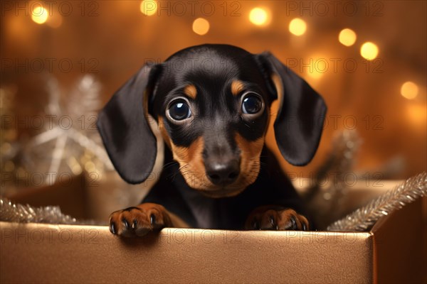 Cute young Dachshund puppy in golden gift box with bokeh lights in background. KI generiert, generiert AI generated