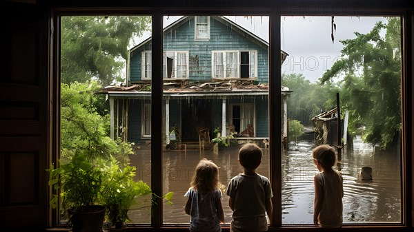 Family in partially submerged house from floodwater, AI generated