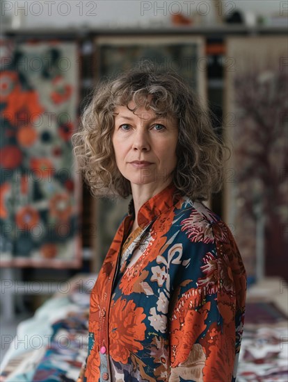 Thoughtful woman with curly hair in a patterned dress, surrounded by colorful fabrics in her art studio, AI generated