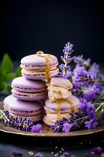 Lavender honey ice cream sandwiched between french macarons fresh lavender sprigs adornment, AI generated