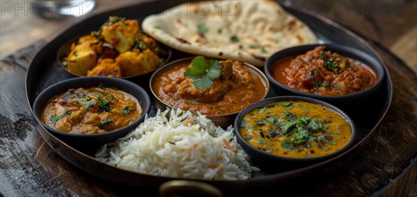 Diverse Indian food selection with curries, naan, and rice in bowls, ai generated, AI generated