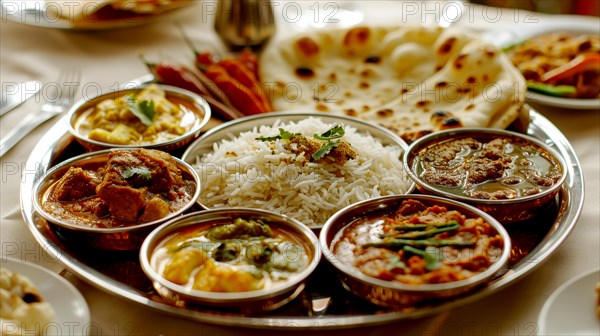A traditional Indian thali with curries, rice, and naan bread, ready for dinner, ai generated, AI generated