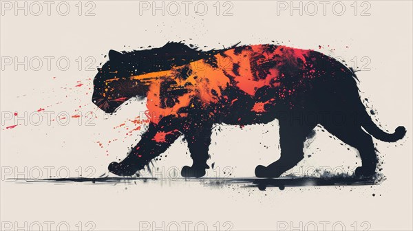 Abstract image of a walking tiger with orange splatter on a light background, ai generated, AI generated