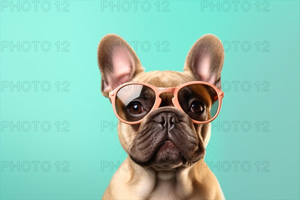 Funny French Bulldog dog with pink sunglasses on blue studio background. KI generiert, generiert AI generated