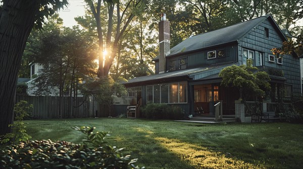 Cozy traditional house with warm sunset light filtering through the trees, AI generated