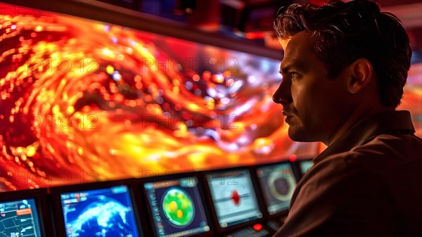Meteorologist immersed in analyzing hurricane trajectories on a mosaic of digital screens, AI generated
