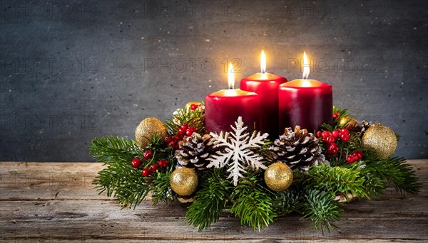 Ai generated, Advent wreath with burning candles, Christmas time, Christmas decoration, 3rd Advent, Third Adventt