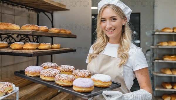 Ai generated, woman, 20, 25, years, shows, bakery, bakery shop, baquette, white bread, France, Paris, Europe