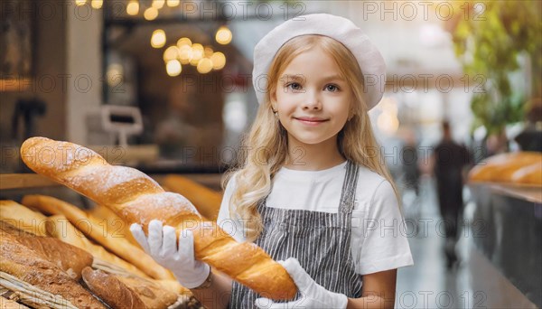 Ai generated, woman, 20, 25, years, shows, bakery, bakery shop, baquette, white bread, France, Paris, Europe