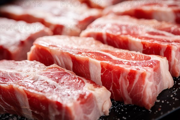 Close up of raw pork belly meat at butchery shop. KI generiert, generiert AI generated