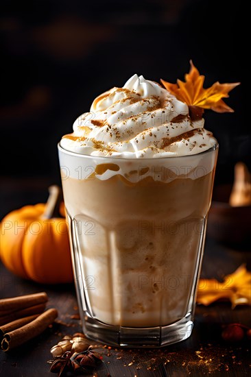 Pumpkin spice latte brimming with whipped crema, AI generated