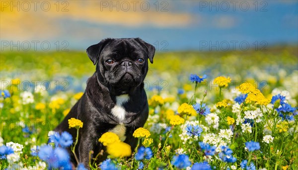 KI generated, animal, animals, mammal, mammals, dog, domestic dogs (Canis lupus familiaris), flower meadow, spring
