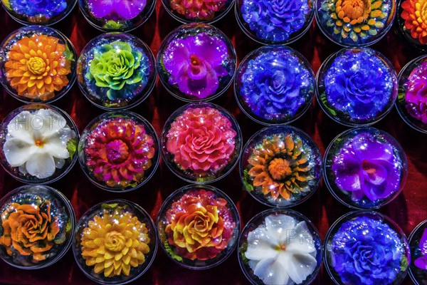 Handmade soap in exotic shapes and colours, market, evening market, night market, craft, sale, colourful, colourful, form, flowers, flowery, blooming, wax, trade, art, shrill, handicraft, decorated, decoration, bazaar, flea market, offer, souvenir, Asian, goods, Krabi, Thailand, Asia