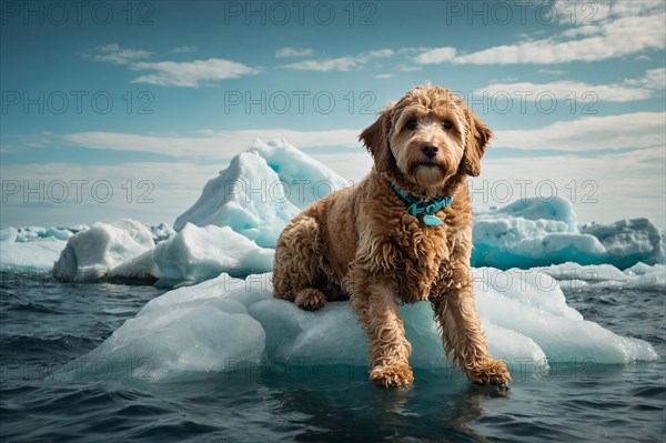 Labradoodle Dog with a blue bandana sitting on an ice floe, exploring the area, alone isolated in the artic sea. Environmental and climate change issues concept, AI generated