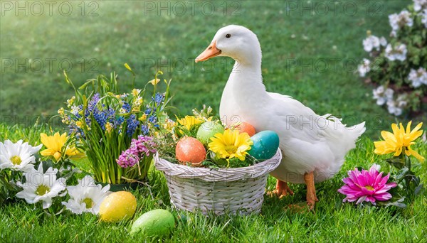 Ai generated, An Easter basket with coloured eggs in a meadow with colourful flowers, in the basket, white duck, domestic duck, symbolic picture Easter, animal children